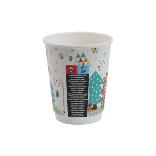 Karácsonyi mintás duplafalú papírpohár, 220 ml – hőszigetelt, 80 mm perem