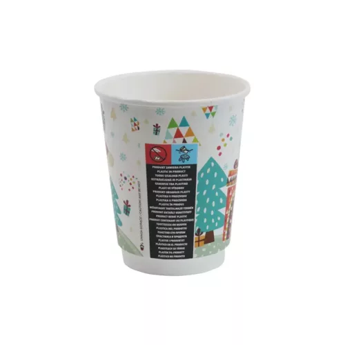 Karácsonyi mintás duplafalú papírpohár, 340 ml – hőszigetelt, 90 mm perem